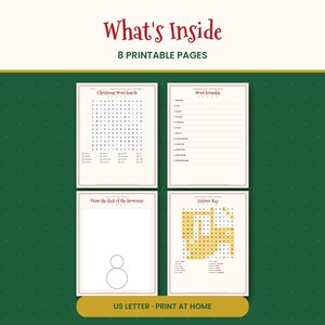 May include: A set of 8 printable Christmas activity pages featuring a word search, word scramble, snowman drawing prompt, and answer key. The pages have red borders and text on a cream background, with the title What's Inside 8 Printable Pages.