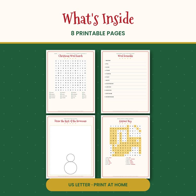 May include: A set of 8 printable Christmas activity pages featuring a word search, word scramble, snowman drawing prompt, and answer key. The pages have red borders and text on a cream background, with the title What's Inside 8 Printable Pages.