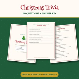 May include: A Christmas trivia game set featuring three white paper sheets with red borders. The pages include a title page with a Christmas tree graphic, a question sheet with ten numbered lines, and an answer key page with text.