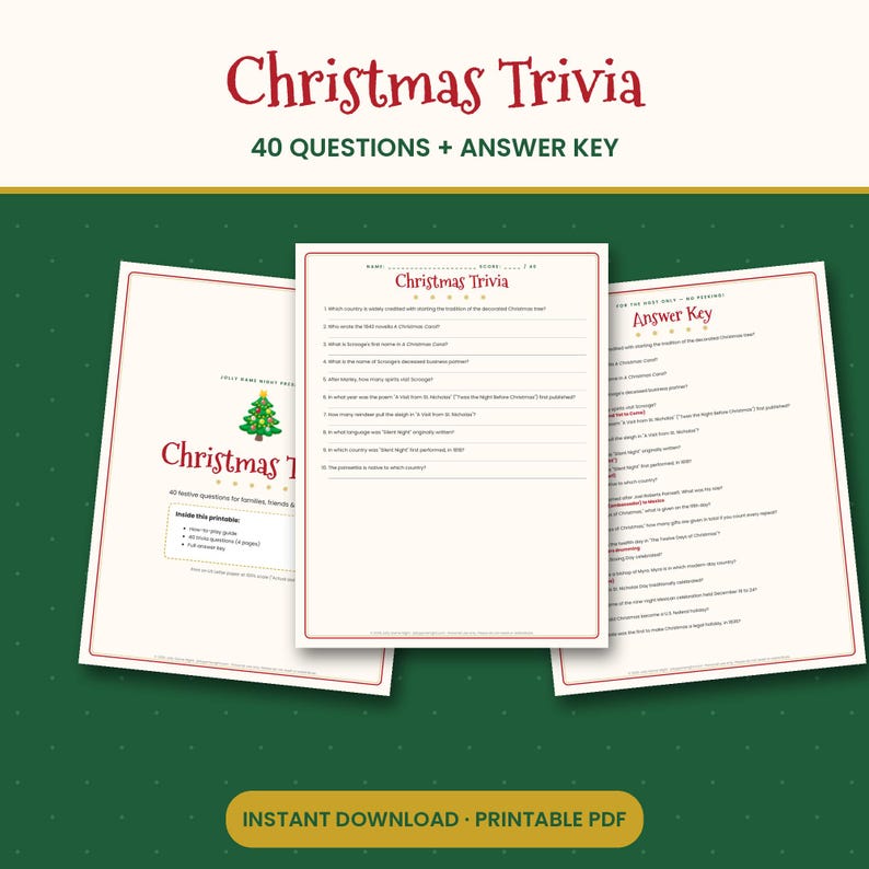 May include: A Christmas trivia game set featuring three white paper sheets with red borders. The pages include a title page with a Christmas tree graphic, a question sheet with ten numbered lines, and an answer key page with text.