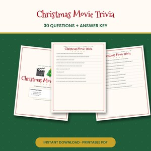 Christmas Movie Trivia Game Printable, 30 Holiday Film Questions with Answer Key, Family & Office Party Game, Instant PDF image 1