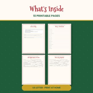May include: A set of 10 printable pages titled What's Inside, featuring How to Play instructions, a Story 1 Word List, and two fill-in-the-blank stories titled The Night Santa Got Lost and Snow Day Surprise, formatted for US letter paper.