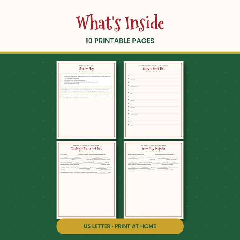 May include: A set of 10 printable pages titled What's Inside, featuring How to Play instructions, a Story 1 Word List, and two fill-in-the-blank stories titled The Night Santa Got Lost and Snow Day Surprise, formatted for US letter paper.