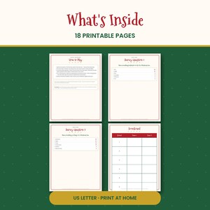 May include: A digital game set featuring 18 printable pages with the text What's Inside, 18 Printable Pages, How to Play, Survey Question 1, Survey Question 7, and Scoreboard. The pages are cream-colored with red text and borders.