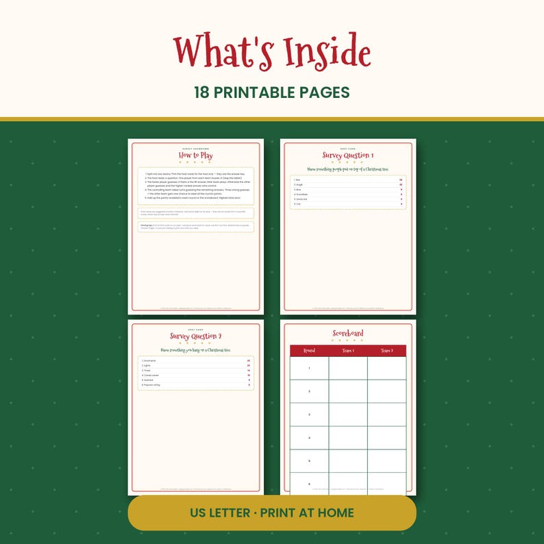May include: A digital game set featuring 18 printable pages with the text What's Inside, 18 Printable Pages, How to Play, Survey Question 1, Survey Question 7, and Scoreboard. The pages are cream-colored with red text and borders.