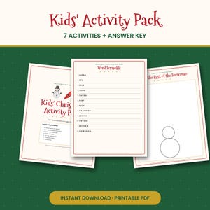 May include: A printable kids' Christmas activity pack featuring seven activities and an answer key. The pages include a cover sheet, a word scramble puzzle with twelve items, and a drawing page titled The Rest of the Snowman.