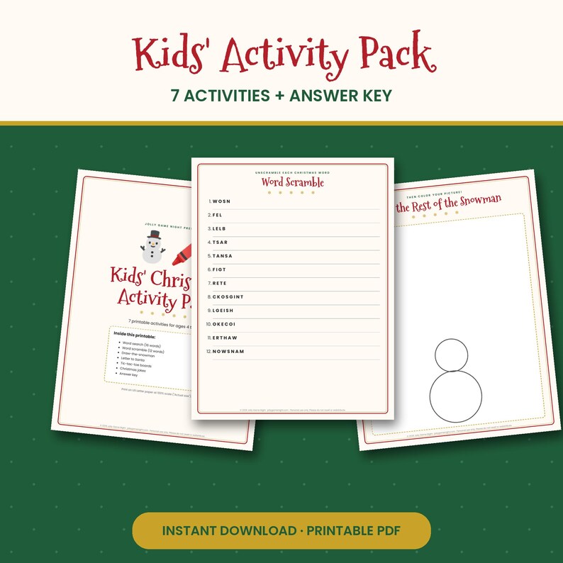 May include: A printable kids' Christmas activity pack featuring seven activities and an answer key. The pages include a cover sheet, a word scramble puzzle with twelve items, and a drawing page titled The Rest of the Snowman.