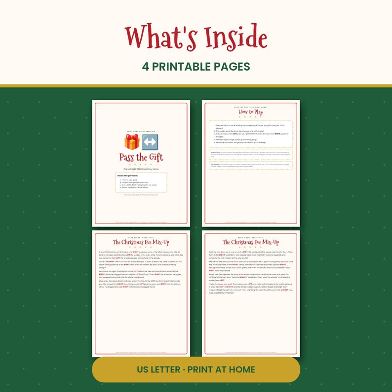 May include: Four printable pages titled What's Inside, featuring a Pass the Gift game guide, How to Play instructions, and The Christmas Eve Mix-Up story. The documents are white with red and black text, designed for US letter size printing at home.