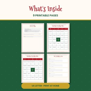 Op de afbeelding: Een set van 9 printbare pagina's met kantoorspellen. De documenten bevatten instructies getiteld How to Play, twee BINGO-kaarten getiteld Find the Coworker Who, en een Two Truths and a Lie-blad, allemaal op wit papier gedrukt.