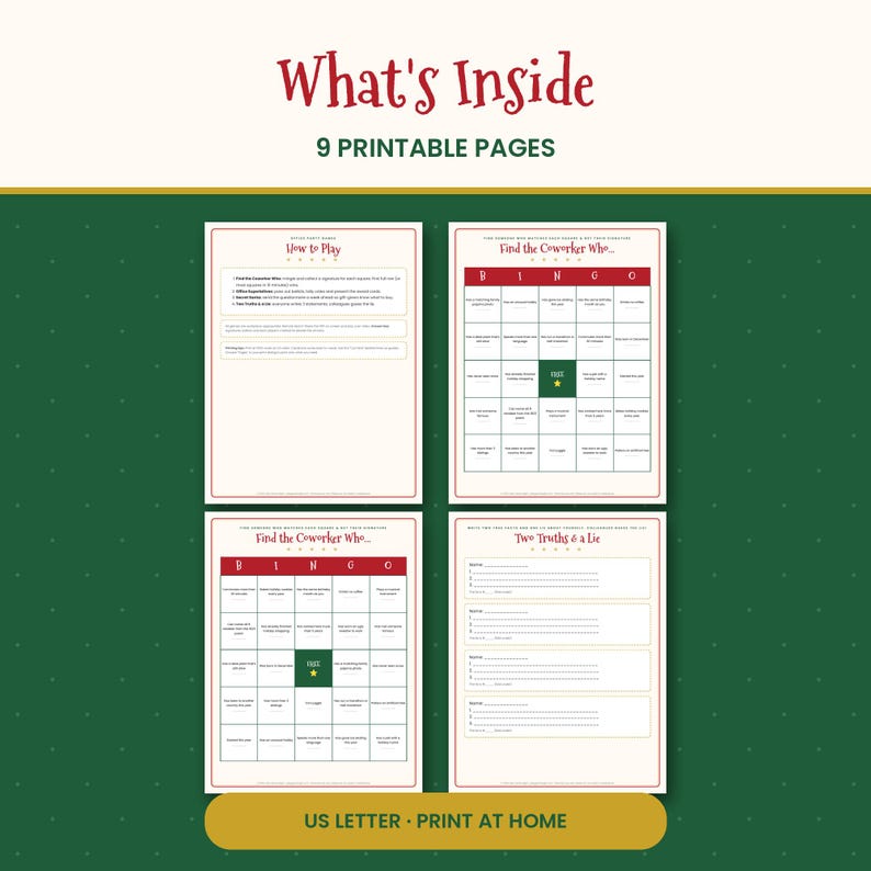 Op de afbeelding: Een set van 9 printbare pagina's met kantoorspellen. De documenten bevatten instructies getiteld How to Play, twee BINGO-kaarten getiteld Find the Coworker Who, en een Two Truths and a Lie-blad, allemaal op wit papier gedrukt.