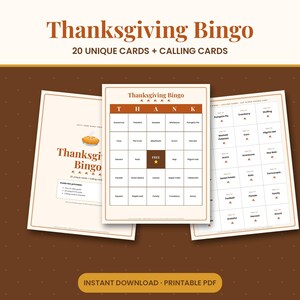 May include: A Thanksgiving Bingo game set featuring 20 unique cards and calling cards. The printable PDF includes a central bingo board with the title Thanksgiving Bingo, a grid with the letters T-H-A-N-K, and a central free space with a star.