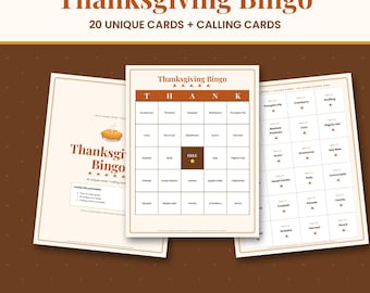 Thanksgiving Bingo Printable, 20 Unique Bingo Cards with Calling Cards, Friendsgiving Party Game, Kids Classroom Fall Game, PDF