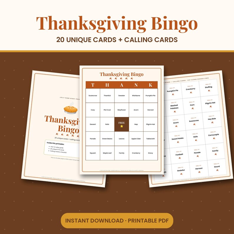 May include: A Thanksgiving Bingo game set featuring 20 unique cards and calling cards. The printable PDF includes a central bingo board with the title Thanksgiving Bingo, a grid with the letters T-H-A-N-K, and a central free space with a star.