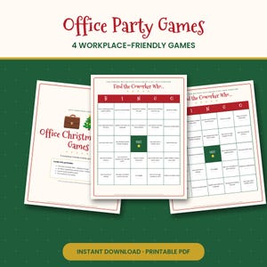 Op de afbeelding: Een set printbare kantoorfeestspellen met de tekst Office Party Games en 4 Workplace-Friendly Games. De documenten bevatten een Find the Coworker Who bingokaart met een groen gratis vakje en een blad genaamd Office Christmas Games.