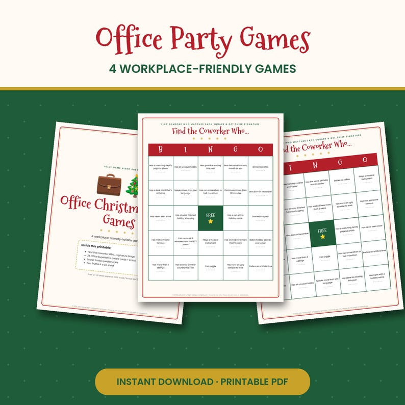 Op de afbeelding: Een set printbare kantoorfeestspellen met de tekst Office Party Games en 4 Workplace-Friendly Games. De documenten bevatten een Find the Coworker Who bingokaart met een groen gratis vakje en een blad genaamd Office Christmas Games.