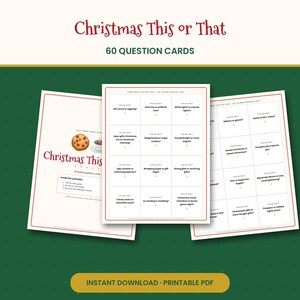 May include: A set of three printable sheets featuring Christmas This or That game cards. The pages contain 60 festive questions in a grid format with black text on a white background, including a title page with a cookie and cocoa illustration.