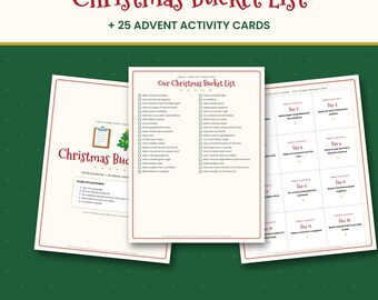 Christmas Bucket List Printable, 25 Advent Activity Cards & Countdown, Family Holiday Activities for Kids, Instant PDF