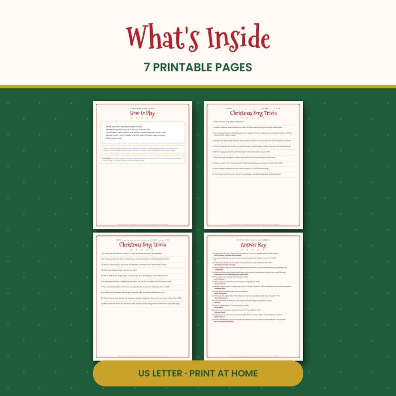 Christmas Song Trivia Game Printable, 30 Holiday Music Questions with Answer Key, Party Game for Adults & Family, PDF image 2