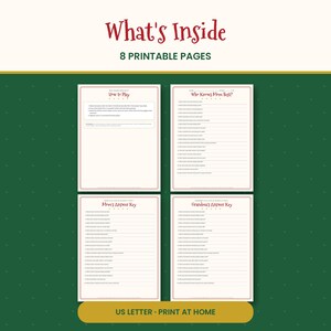 May include: A set of 8 printable game pages featuring the text What's Inside and 8 Printable Pages. The sheets include How to Play, Who Knows Mom Best, Mom's Answer Key, and Grandma's Answer Key with lines for writing. The design is US Letter size.