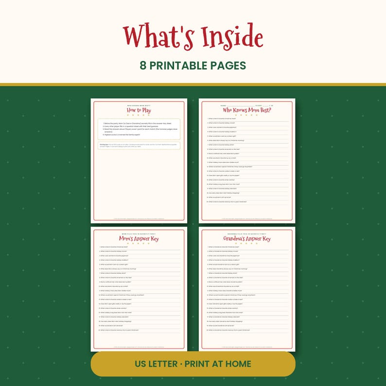 May include: A set of 8 printable game pages featuring the text What's Inside and 8 Printable Pages. The sheets include How to Play, Who Knows Mom Best, Mom's Answer Key, and Grandma's Answer Key with lines for writing. The design is US Letter size.