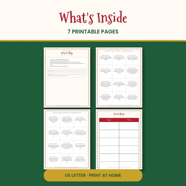Peut inclure: Un ensemble de sept pages de jeu imprimables intitul&eacute;es What's Inside, comprenant une feuille d'instructions How to Play, deux pages de cartes de questions Would You Rather et une feuille de score. Format papier US Letter.