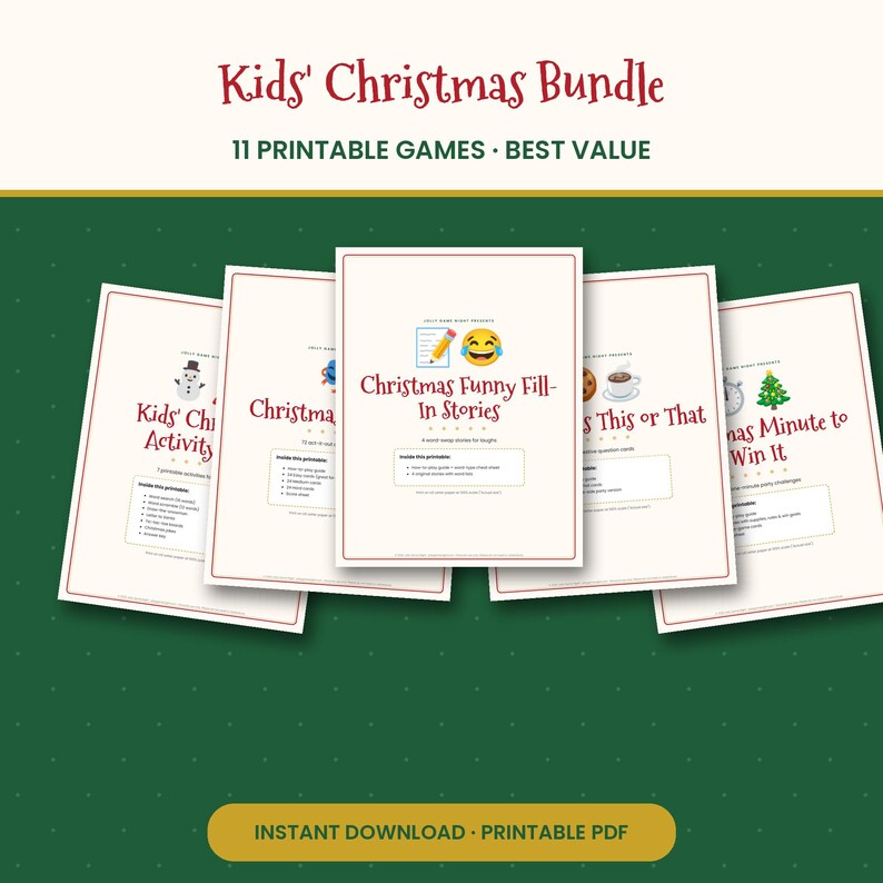 Kids Christmas Games Bundle, 11 Printable Holiday Activities, Bingo, Scavenger Hunt, Charades, Word Search, Classroom Party PDF image 1
