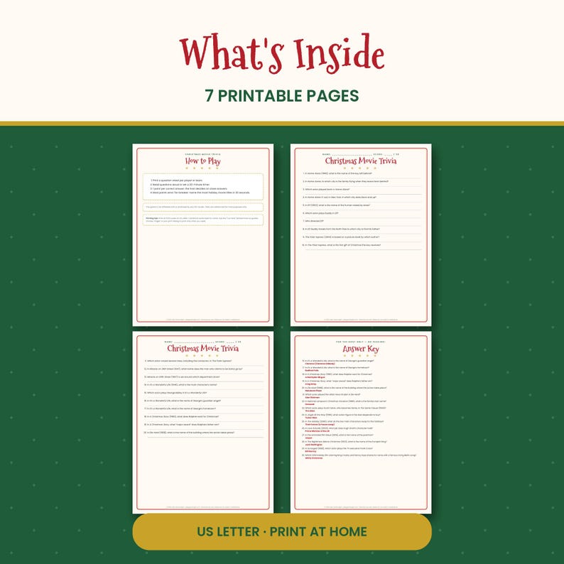 Christmas Movie Trivia Game Printable, 30 Holiday Film Questions with Answer Key, Family & Office Party Game, Instant PDF image 2