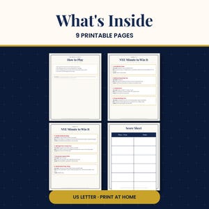 May include: A set of 9 printable pages for a New Year's Eve game collection. The document includes a How to Play page, two pages of NYE Minute to Win It game instructions, and a Score Sheet. The text is black on white paper with gold accents.