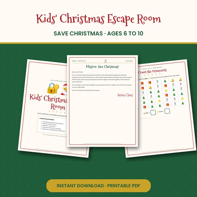 Kids Christmas Escape Room Printable, Save Christmas Puzzle Game for Ages 6 to 10, Family & Classroom Holiday Activity, PDF image 1
