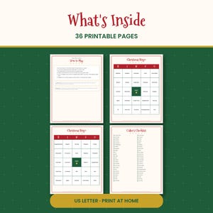 May include: A set of 36 printable Christmas bingo pages featuring a How to Play sheet, two unique bingo cards with a red header and green free space, and a caller's checklist. The text reads What's Inside, 36 PRINTABLE PAGES, and US LETTER - PRINT AT HOME.