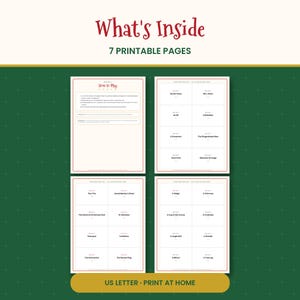 Puede incluir: Un conjunto de siete p&aacute;ginas imprimibles con tarjetas de juego con tem&aacute;tica navide&ntilde;a. El texto incluye What's Inside, 7 Printable Pages, How to Play y varios nombres de personajes festivos como Santa Claus, Mrs. Claus y The Gingerbread Man.
