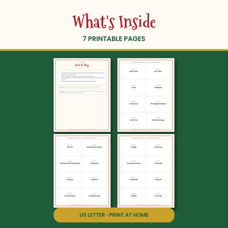 Puede incluir: Un conjunto de siete p&aacute;ginas imprimibles con tarjetas de juego con tem&aacute;tica navide&ntilde;a. El texto incluye What's Inside, 7 Printable Pages, How to Play y varios nombres de personajes festivos como Santa Claus, Mrs. Claus y The Gingerbread Man.