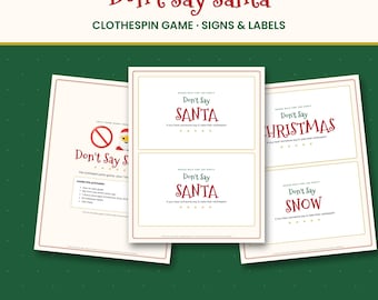 Don't Say Santa Game, Christmas Clothespin Party Game Printable with Signs & Labels, Holiday Icebreaker for Office and Family, PDF