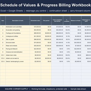 Puede incluir: Una hoja de cálculo digital Schedule of Values & Progress Billing Workbook para Excel y Google Sheets. La tabla muestra columnas para artículo, descripción del trabajo, valor programado, periodo actual, total y saldo.
