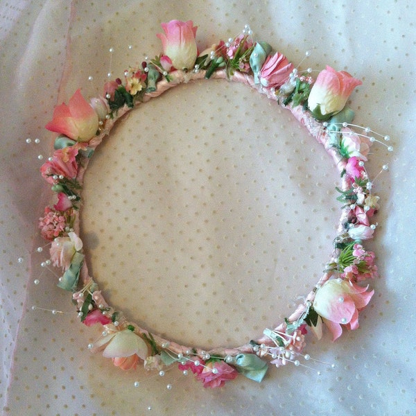 Pink white mint floral headband crown