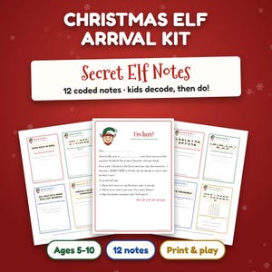 Christmas Elf Arrival Letter Kit, Printable Secret Elf Notes, 12 Coded Elf Messages, Elf Ideas for Kids, Decoder and Goodbye Letter