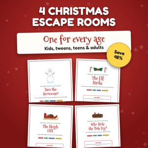 Może przedstawiać: Zestaw czterech kart do gry escape room na Boże Narodzenie do druku na czerwonym tle z białymi płatkami śniegu. Tekst zawiera 4 CHRISTMAS ESCAPE ROOMS, One for every age, Save the Snowman!, The Elf Strike, The Sleigh GPS oraz Who Stole the Yule Log?