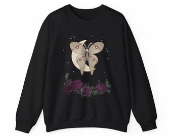 Gothic Floral Sweatshirt, Moth and Moon Crewneck, Dark Botanical Shirt, Plum Rose Vintage Engraving, Witchy Dark Academia Gift