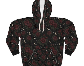 Nightbloom Hoodie, Rose and Moon All-Over Print, Black Floral Pullover, Celestial Sweatshirt