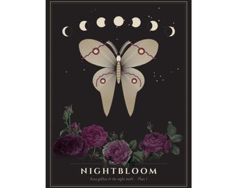 Dark Botanical Wall Art, Gothic Floral Poster, Plum Rose and Moth Print, Vintage Engraving Art, Moody Dark Academia Decor