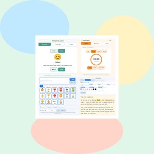 May include: A digital interface display featuring Calm & Learn and Focus Sprint modules. The screen shows a happy emoji, a ten-minute timer, a grid of communication icons, and a short story titled The Little Lighthouse with text.