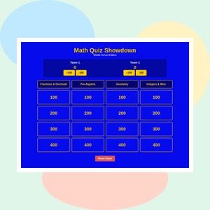 Pode incluir: Um tabuleiro de jogo digital Math Quiz Showdown com fundo azul. Apresenta dois placares de equipa, categorias como Fractions & Decimals, Pre-Algebra, Geometry e Integers & Misc, valores de 100 a 400 e um botão Reset Game.