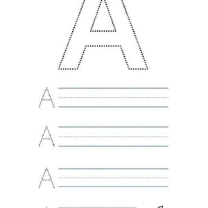 Op de afbeelding: Een werkblad voor het oefenen van handschrift met een grote gestippelde omtrek van de hoofdletter A bovenaan, gevolgd door vier rijen met gestippelde A-letters op gelinieerd papier, eindigend met een appelicoon en de tekst APPLE.