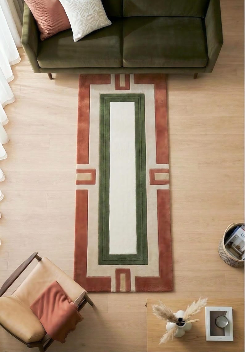 Verteically Terracotta & Olive Green Geometric Wool Rug | Modern Hand Tufted Area ...
