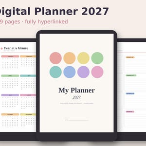 Könnte beinhalten: Ein digitaler Planer 2027 mit 449 vollständig verlinkten Seiten. Das Cover zeigt acht bunte Kreise, den Text My Planner 2027 und For Kindle Scribe Colorsoft. Die Innenseiten zeigen einen Jahreskalender und tägliche Layouts.