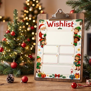 Könnte beinhalten: Ein hölzernes Klemmbrett mit einer Weihnachtswunschliste, die oben den Text Wishlist trägt. Das Papier zeigt Illustrationen vom Weihnachtsmann, Elfen und Geschenken sowie leere rechteckige Felder und Linien zum Beschriften.