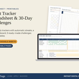 May include: A digital habit tracker spreadsheet and printable set featuring a laptop displaying an October 2026 habit tracker interface, alongside two printed pages. Text includes Habit Tracker Spreadsheet & 30-Day Challenges, Excel + Google Sheets, and 10 Printable Pages.