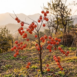 May include: A deciduous persimmon tree with thin, bare branches heavily laden with numerous round, bright orange fruits. The tree stands in an outdoor setting with soft, warm natural light illuminating the fruit against a backdrop.
