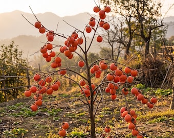 May include: A deciduous persimmon tree with thin, bare branches heavily laden with numerous round, bright orange fruits. The tree stands in an outdoor setting with soft, warm natural light illuminating the fruit against a backdrop.