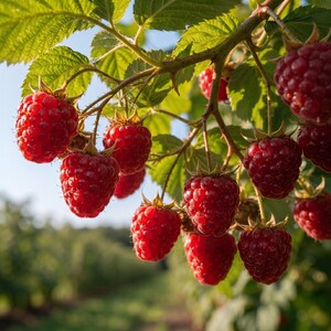 May include: A cluster of ripe, vibrant red raspberries hanging from a green leafy branch. The berries feature a textured, bumpy surface and are attached to thin, thorny stems. Sunlight illuminates the translucent green leaves from behind.